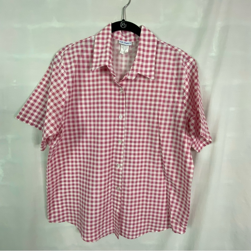 Vintage Rose Pink White Checkered Plaid Short Sleep Camp Shirt Lg